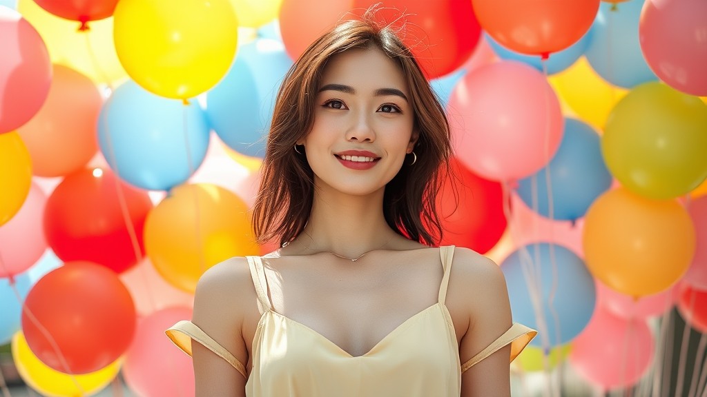 A woman in a yellow dress smiles joyfully in front of a vibrant array of colorful balloons.