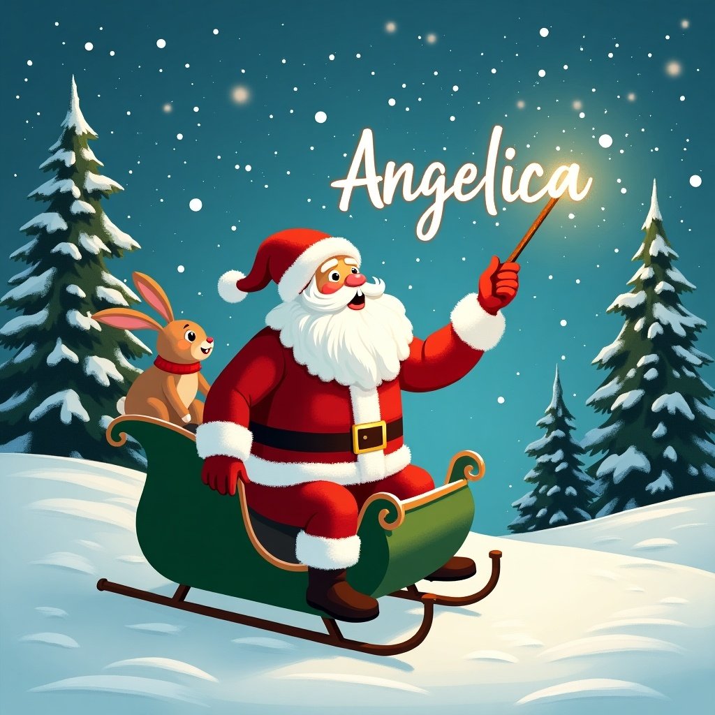 The image features Santa Claus in a winter wonderland. He joyfully conjures magical writing in the sky that spells 'Angelica'. Santa is dressed in a classic red and white suit, sitting in a green sled. A friendly rabbit accompanies him, enhancing the whimsical scene. Tall evergreen trees dusted with snow provide a serene background. The sky is filled with twinkling stars, creating a magical atmosphere. This enchanting portrayal captures the essence of Christmas and holiday cheer, making it perfect for festive occasions.