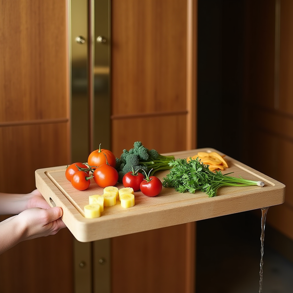 A wooden cutting board displaying colorful vegetables, including tomatoes, broccoli, and bell peppers, with a hint of water flowing from it.