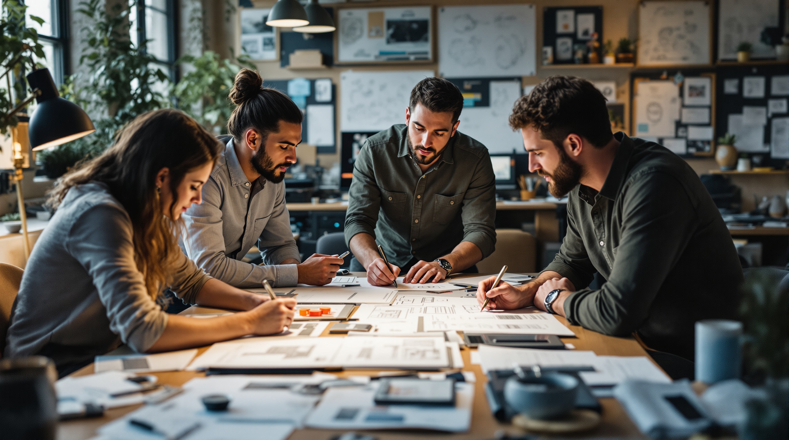 A photorealistic image captured with the quality of professional photography. A team of designers brainstorming in a creative workspace. The room is filled with sketches, prototypes, and digital tools. Focus on intricate details and natural interactions.