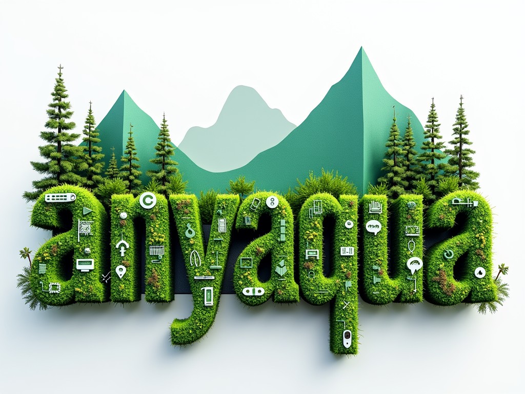 The image features the word "anyaqua" crafted from lush, green foliage, symbolizing a blend of nature and technology. Set against a backdrop of stylized mountain shapes, small evergreen trees enhance the natural theme. Overlaying the text are various tech icons, signifying a fusion of ecology and technology.