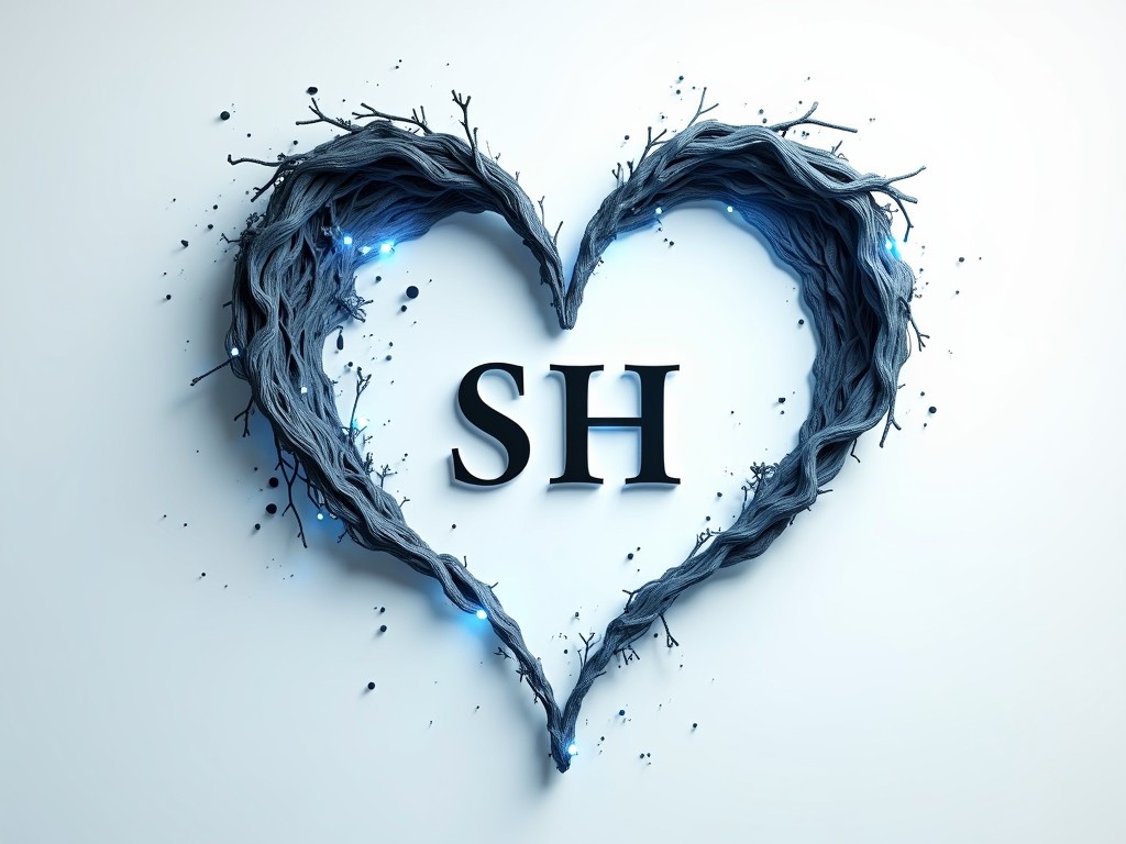 The image features a heart shape crafted from intertwining branches with an ethereal glow of blue lights scattered throughout. At the center, the letters 'SH' are prominently displayed in bold, dark typography, highlighting the contrast against the light background. The delicate structure of the heart evokes a sense of nature intertwined with modern design.