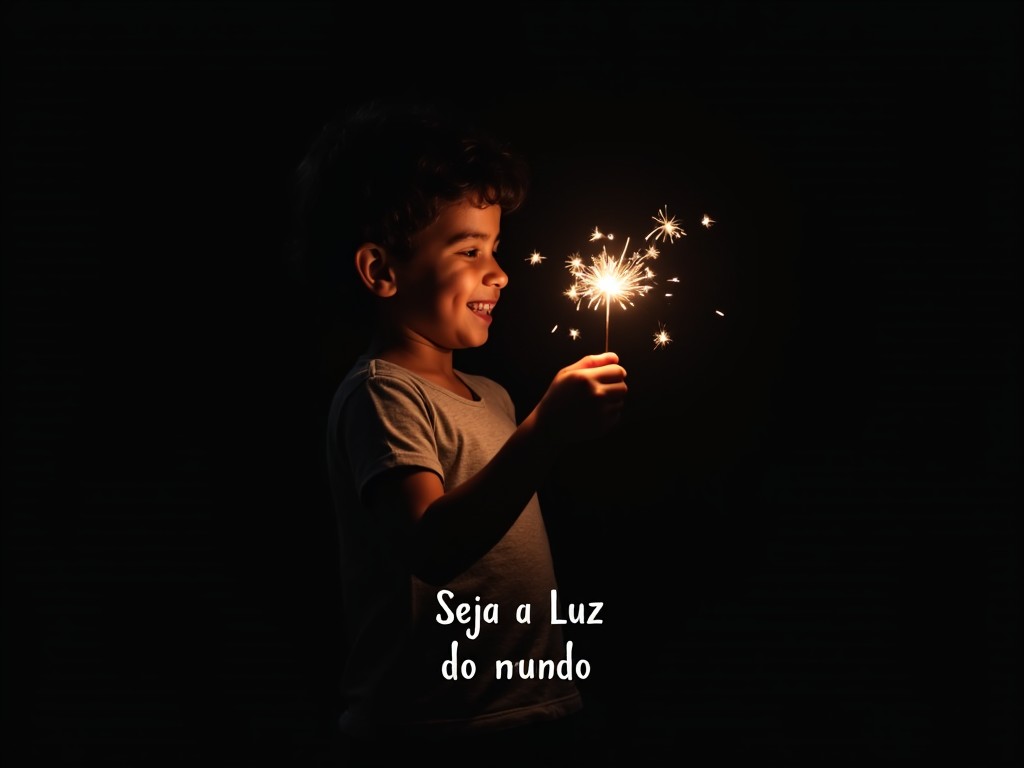 A child holding a sparkler in the dark, smiling with text 'Seja a Luz do mundo'.