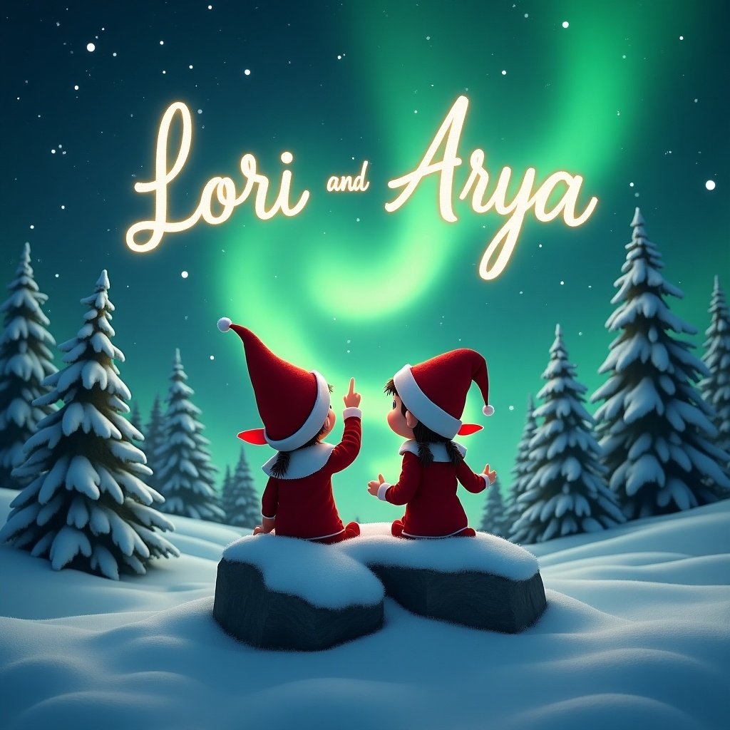 Scene features two elves on a snow-covered rock. They wear red outfits with pointed hats. Northern lights create a vibrant green glow above. Elves point upwards to names 'Lori' and 'Arya'. Snowy pine trees in the background add to the winter feel. The setting evokes wonder and holiday cheer.