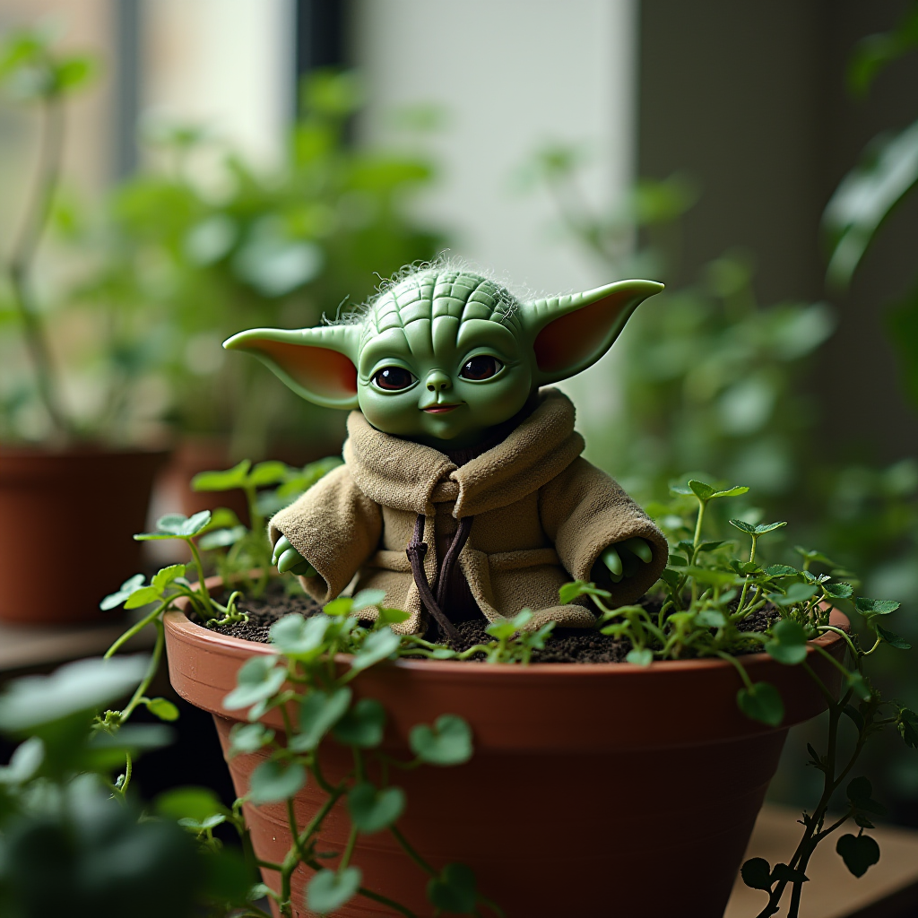 A small green figure resembling a Jedi is sitting in a plant pot surrounded by lush greenery.