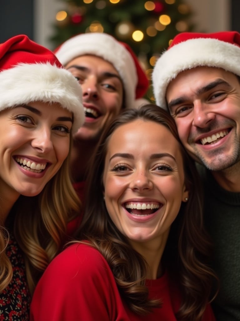 Photo captures joyful group during holiday season. Five individuals wearing Santa hats are smiling widely. Warm lighting creates inviting atmosphere. Background is neutral and emphasizes joyful expressions.