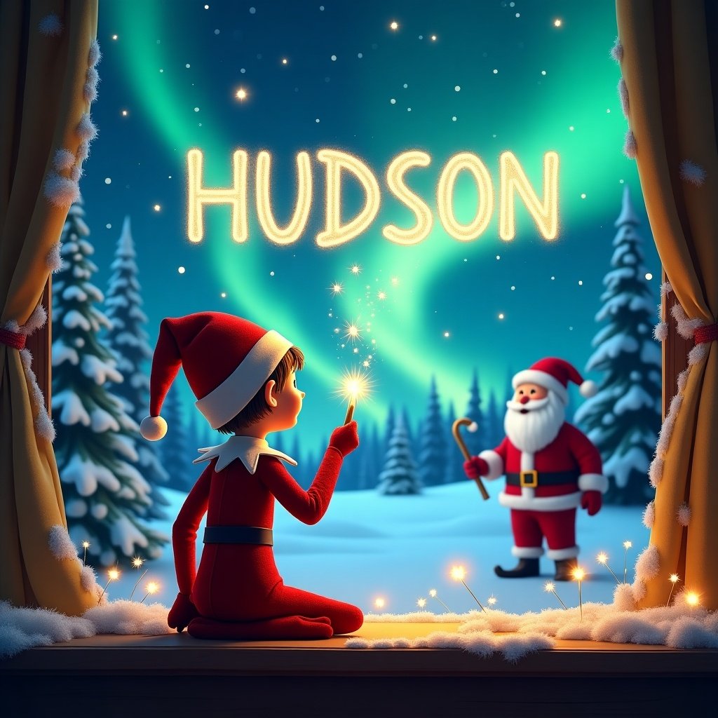 This enchanting image features an elf on the shelf, seen from behind, writing the name 'Hudson, Hattie & Henry' in the night sky with a magical wand. The elf is dressed in a traditional red and white outfit, exuding a sense of holiday cheer. In the background, a picturesque winter landscape glows under the stunning northern lights, casting an ethereal glow. Santa Claus stands nearby, adding to the festive atmosphere. The scene embodies the spirit of Christmas with its whimsical charm and bright colors, inviting viewers into a world of magic and joy.