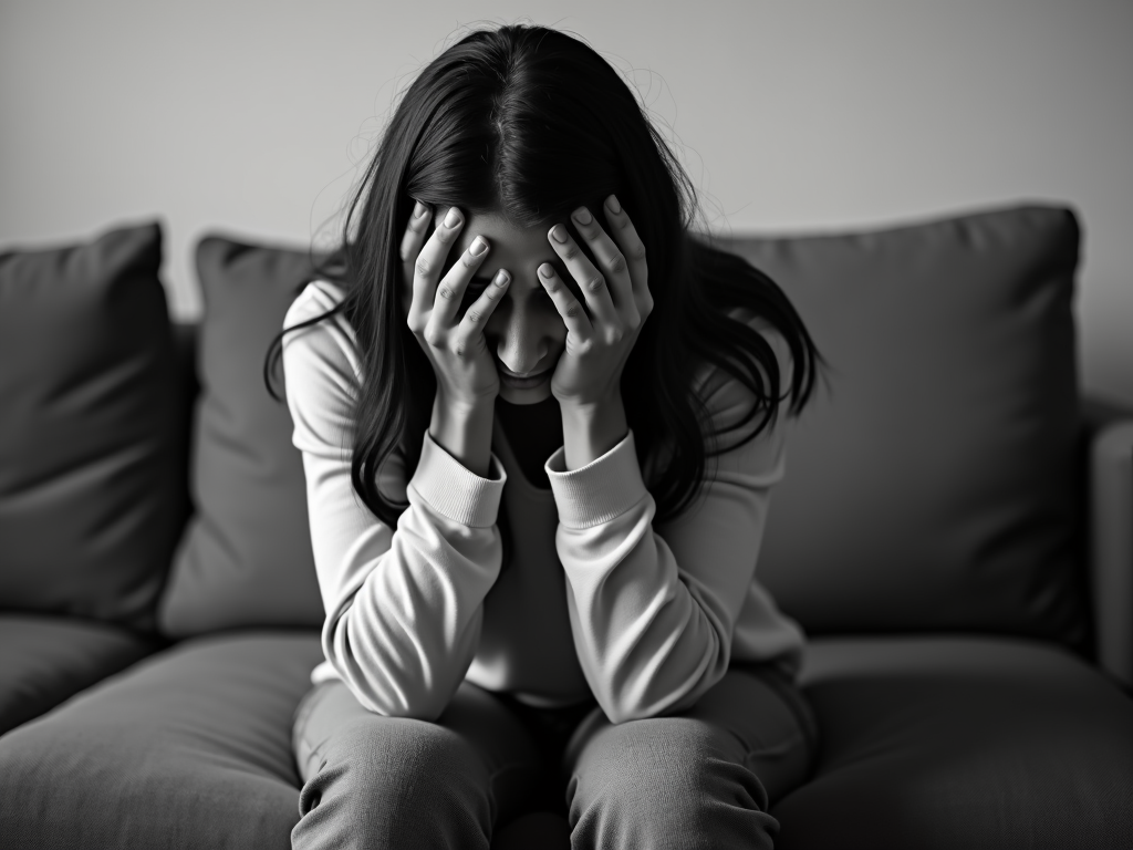 A person sitting on a couch with their face in their hands, appearing distressed.