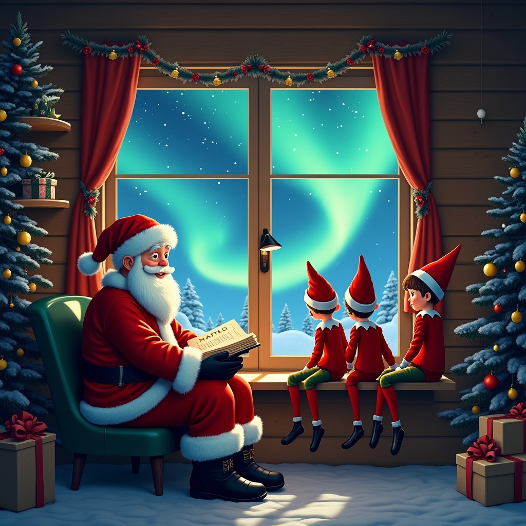 In a cozy cabin, Santa Claus is sitting with two elves by a window. The scene showcases a beautiful sky filled with northern lights. Santa holds a notebook containing names like Mateo, Viah, Zavian, Asher, and Jethro. The ambiance is festive, embodying the spirit of giving and excitement. This setting captures the joy as they prepare for the arrival of children.