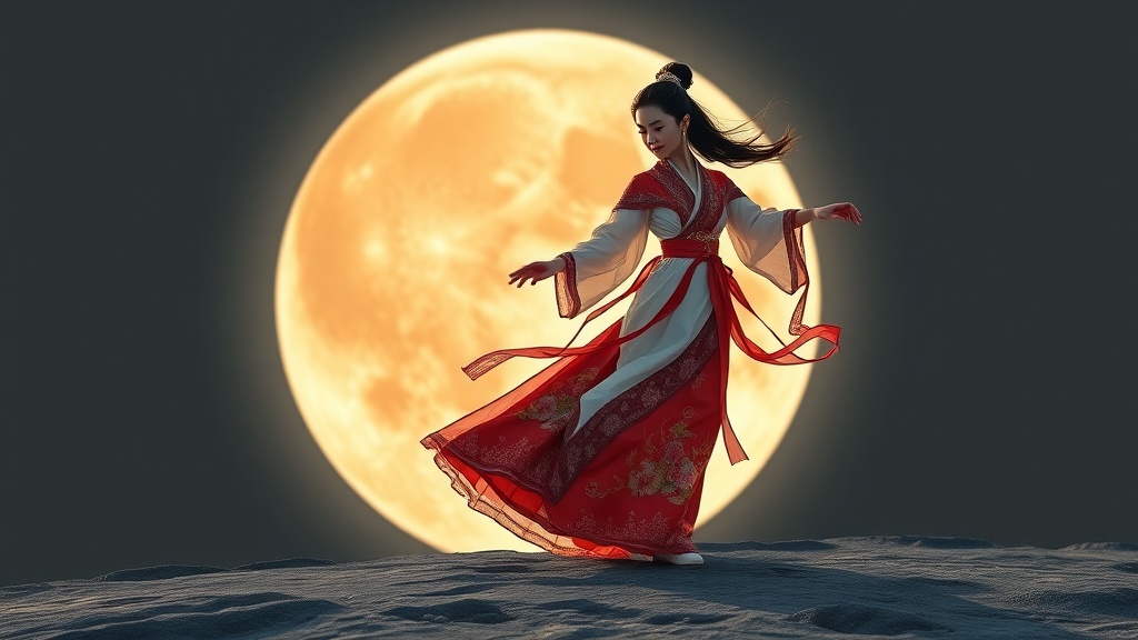 A woman in traditional attire gracefully dances in front of a large, glowing full moon.