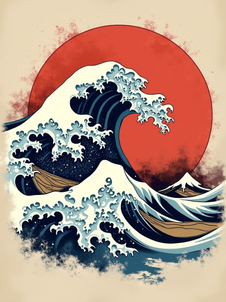 A stylized wave design inspired by Japanese art. The image features a large, detailed wave crashing against a background of a sun in deep red. Smaller waves are present in the foreground and background. Color palette includes navy blue, white, and beige tones. The scene evokes a sense of motion and power.