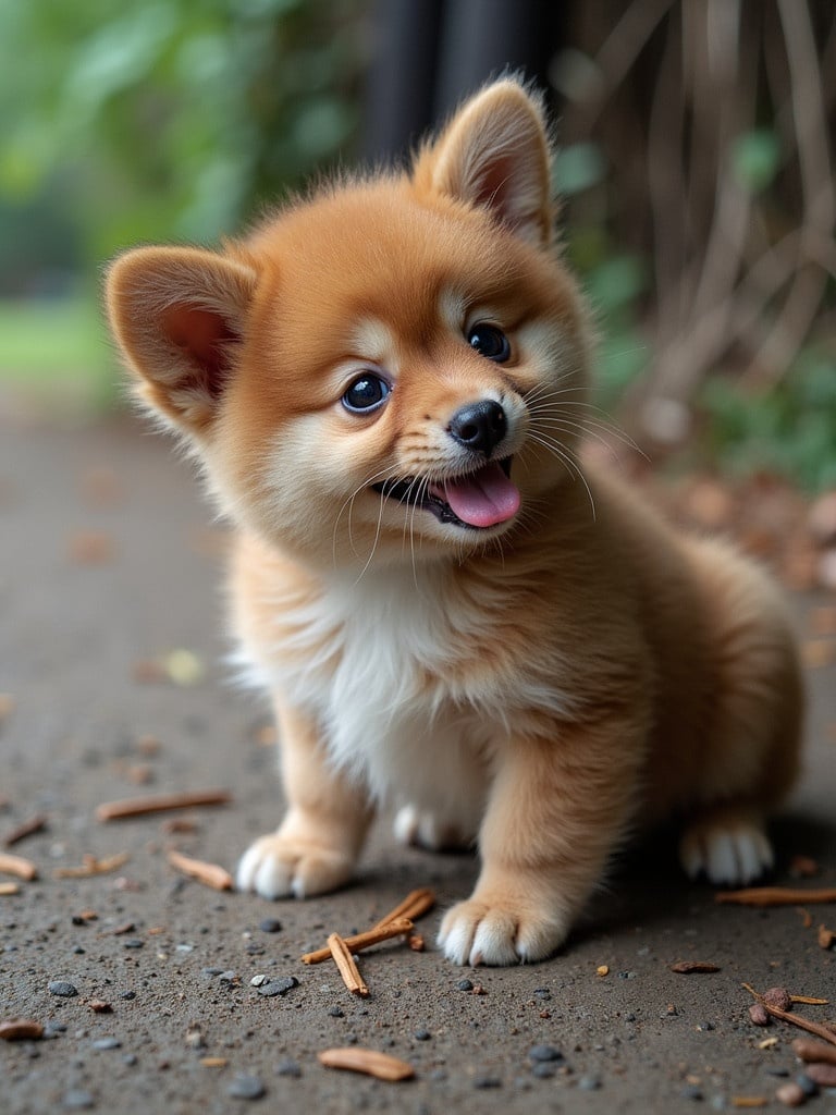 A small, fluffy, playful puppy with a bright coat and an expressive face sitting on a path surrounded by nature.