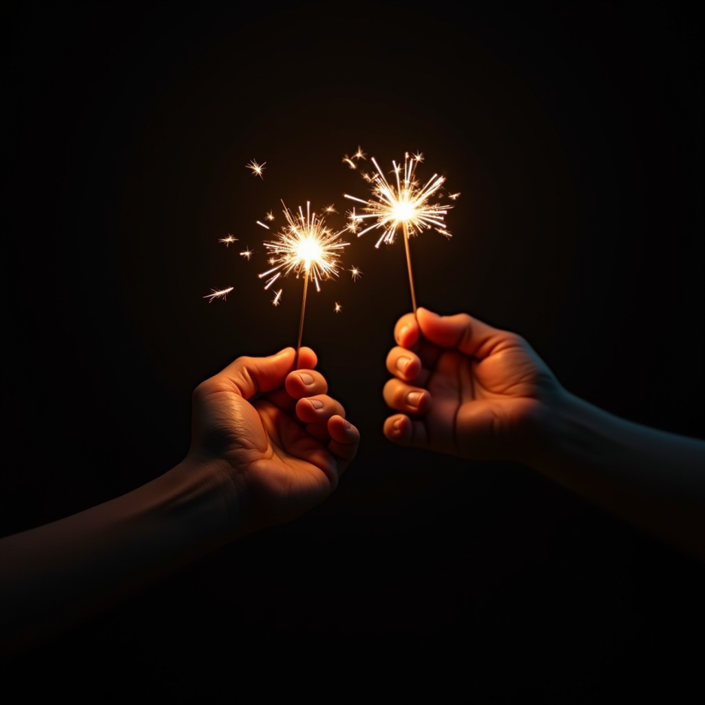 Two hands hold sparklers against a dark background, creating a bright and festive display of light.