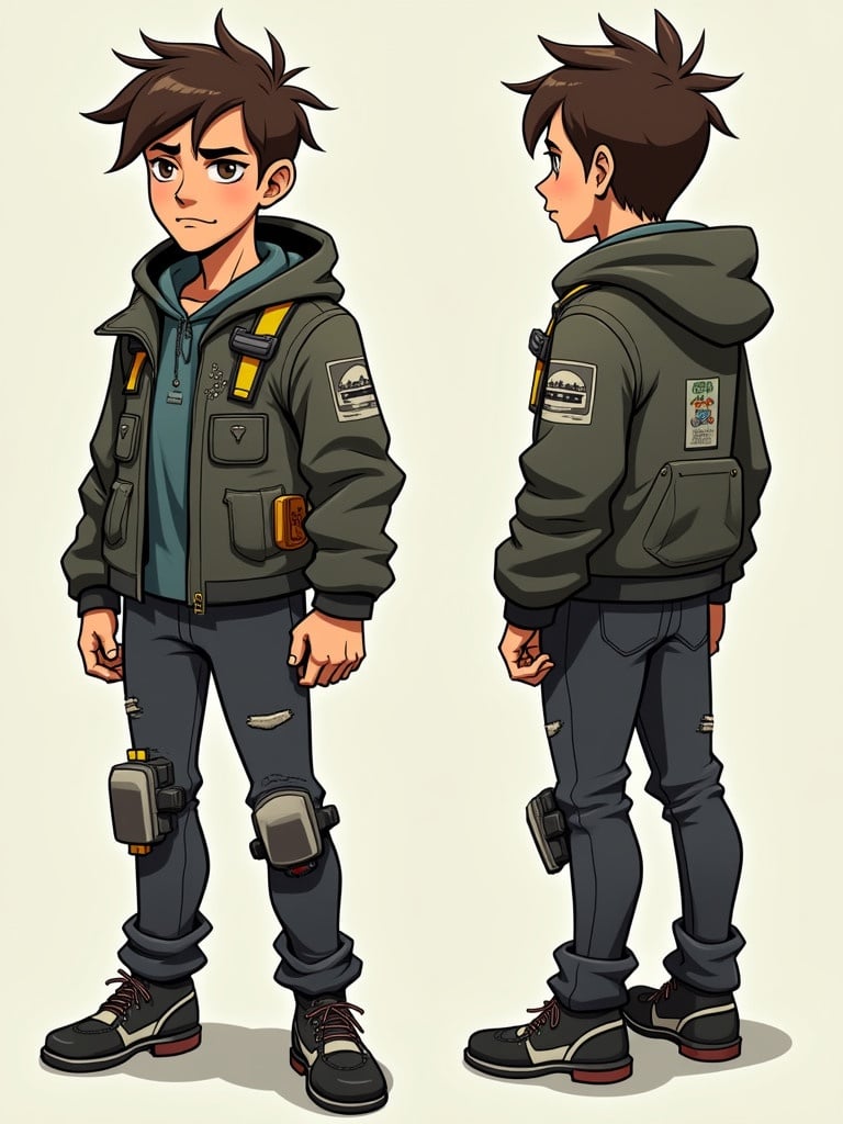 2D character turnaround of a young man named Lazaro 'Laz' Elian. Character designed in dark gritty cartoonish style with short messy brown hair. Character has tired brown eyes and a thin slightly gaunt build. Outfit includes futuristic rugged elements patched together from scavenged materials. Features include metallic textures glowing accents and a weathered jacket. Mismatched shoes add to disheveled appearance. Turnaround shows front side and back views. Clean lines muted colors and subtle shadows enhance dark atmosphere. Background is plain and solid to focus on character. Designed for animation with expressive yet somber features.