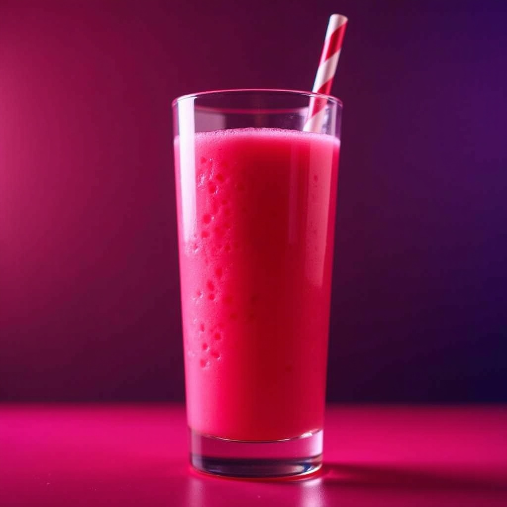 Light red smoothie in a glass with a striped straw. Bright colorful background with purple lights.