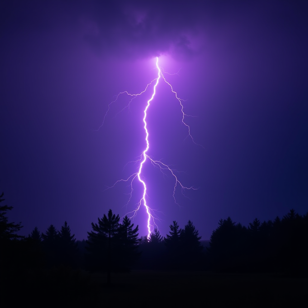 A bright lightning bolt illuminates a dark sky over silhouetted trees.