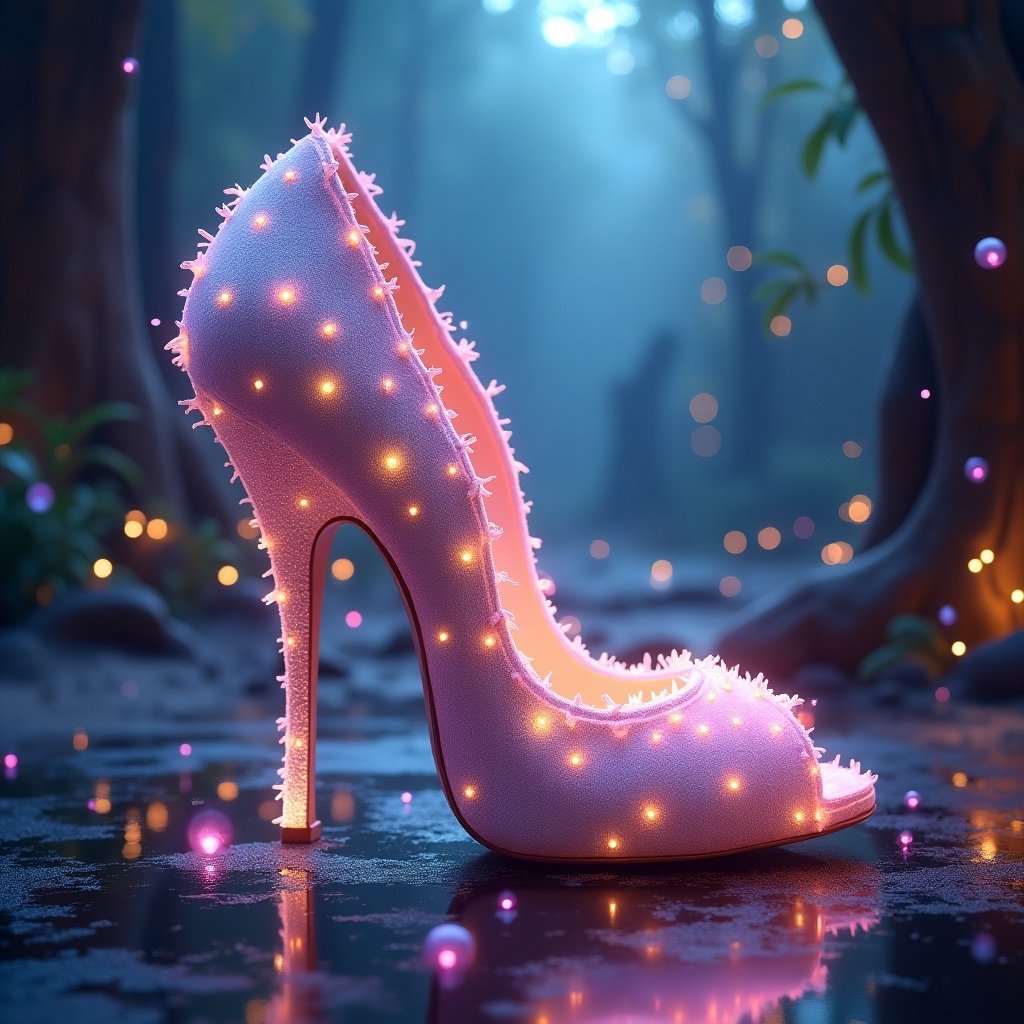 High heel shoe in a magical forest setting with lights. Designed with a beautiful and elegant appearance.