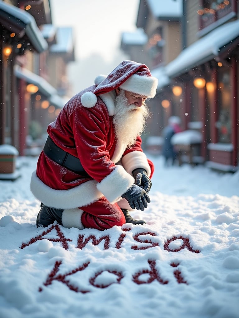 Santa Claus is writing Amisa Kodi in the snow. He wears red and white attire with a belt and boots. The street has snow and charming buildings around. The light is soft and warm. The scene feels festive and cheerful.