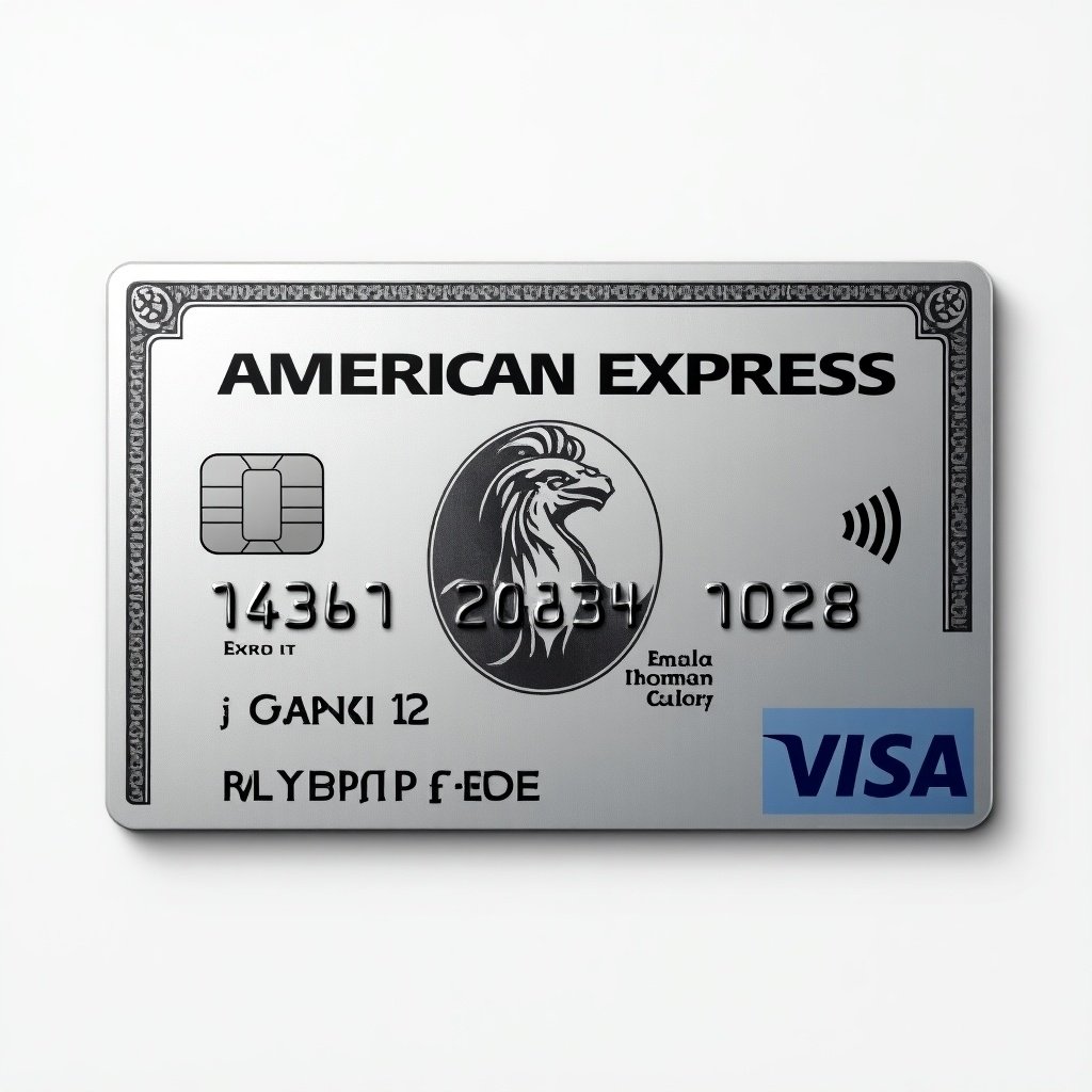 Realistic image of a platinum American Express credit card with a prominent Visa logo. Cardholder name sukruth and expiry date March 2028 are visible. Silver background and bold black font convey modern elegance.