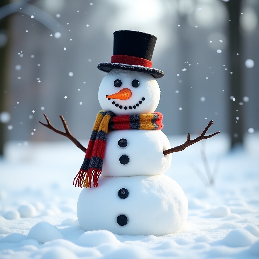 Scene showcases a snowman built from three large snowballs. Snowman wears a classic black top hat and a colorful scarf. Two coal pieces serve as eyes. A carrot nose completes its friendly face. Cheerful smile made of small pebbles. Background is a peaceful snowy landscape with falling snowflakes.