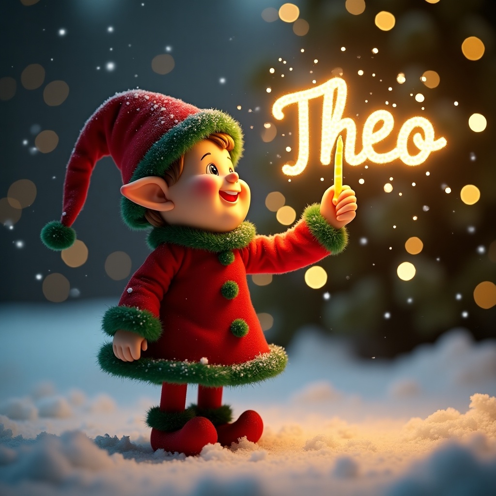 A magical Christmas elf stands in the snow and writes the name Theo with a glowing stick. The elf wears a red outfit with green accents. Warm lights twinkle in the background.