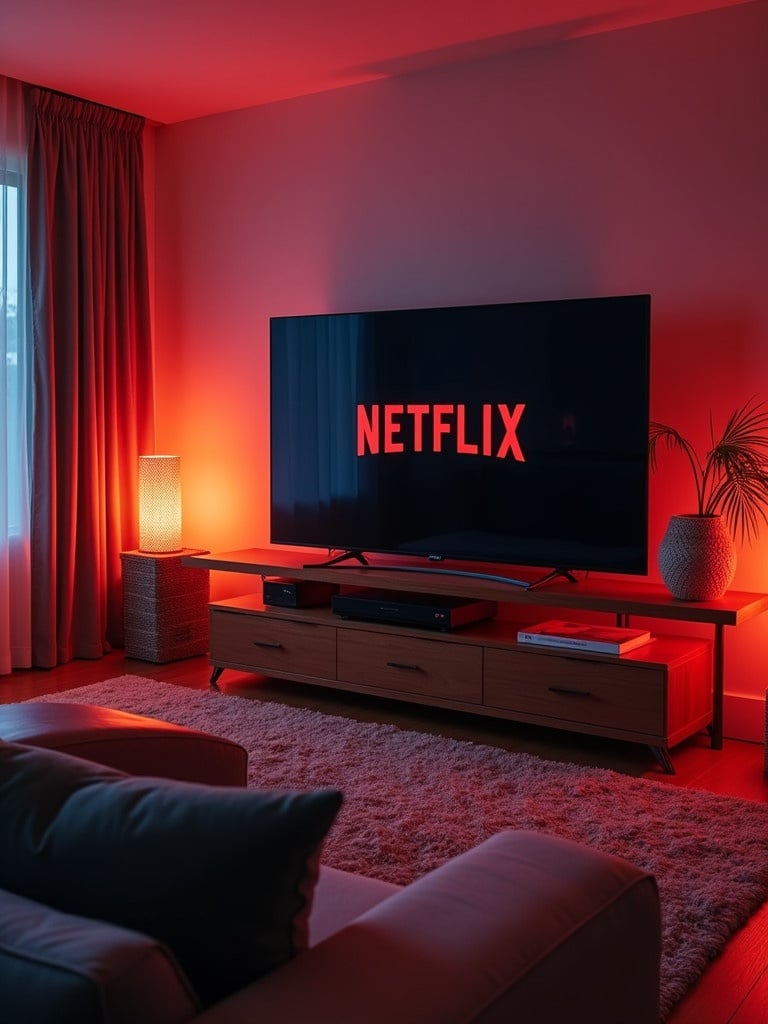 Stylish living room features ambient lighting and a large TV displaying the Netflix logo