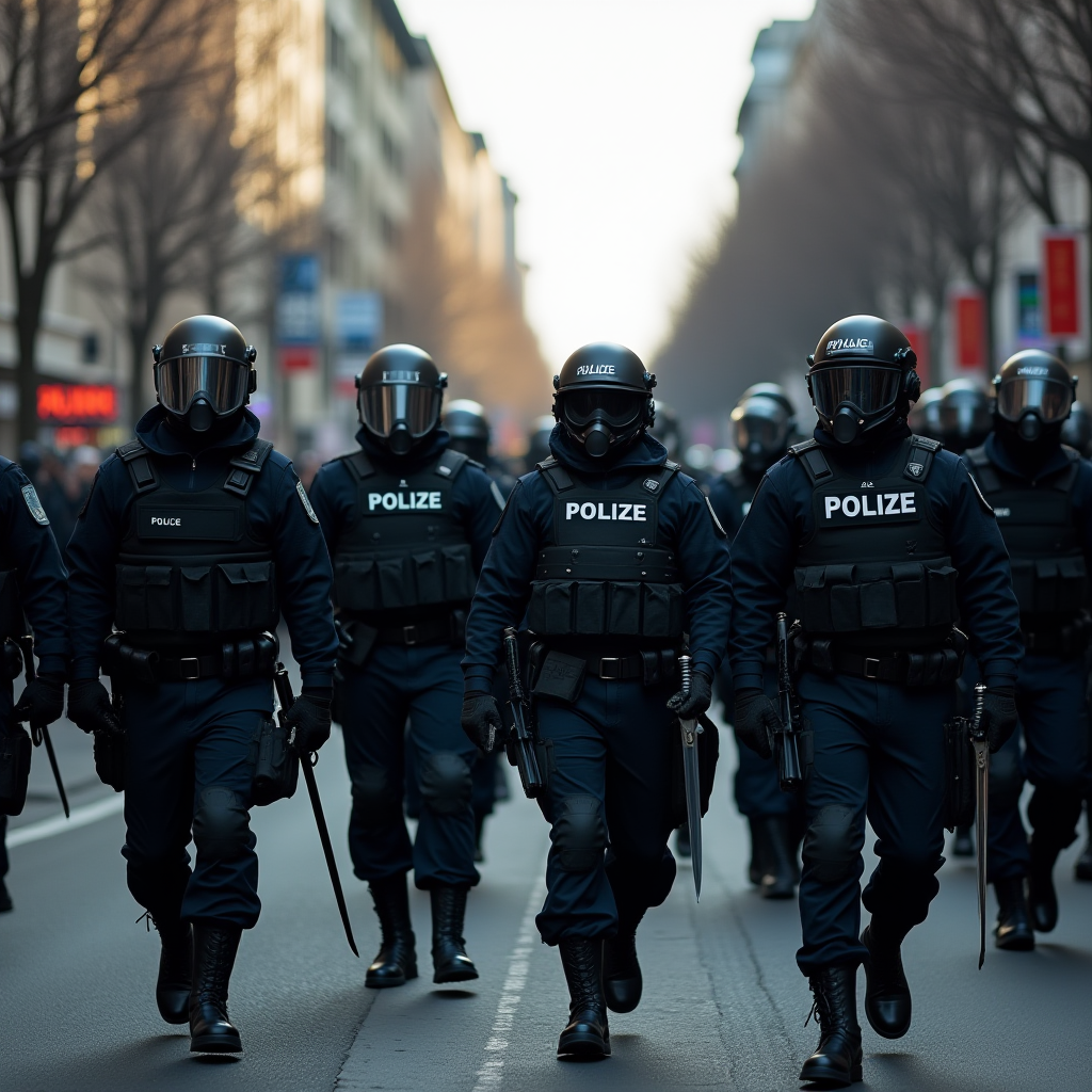 A group of police officers in riot gear are marching down a city street.