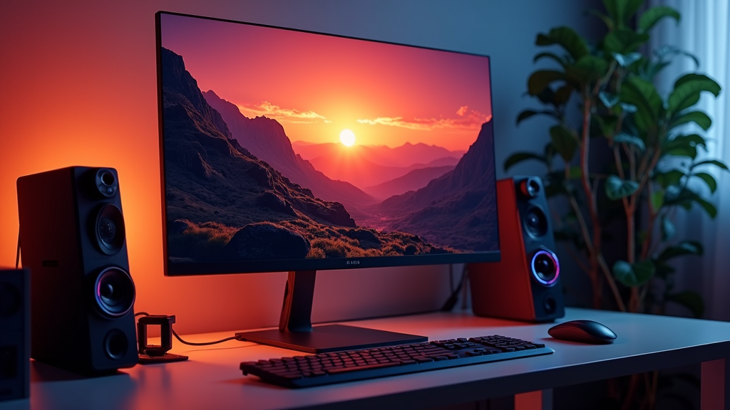 A computer monitor displays a vivid sunset, surrounded by speakers, a keyboard, and a mouse on a desk.