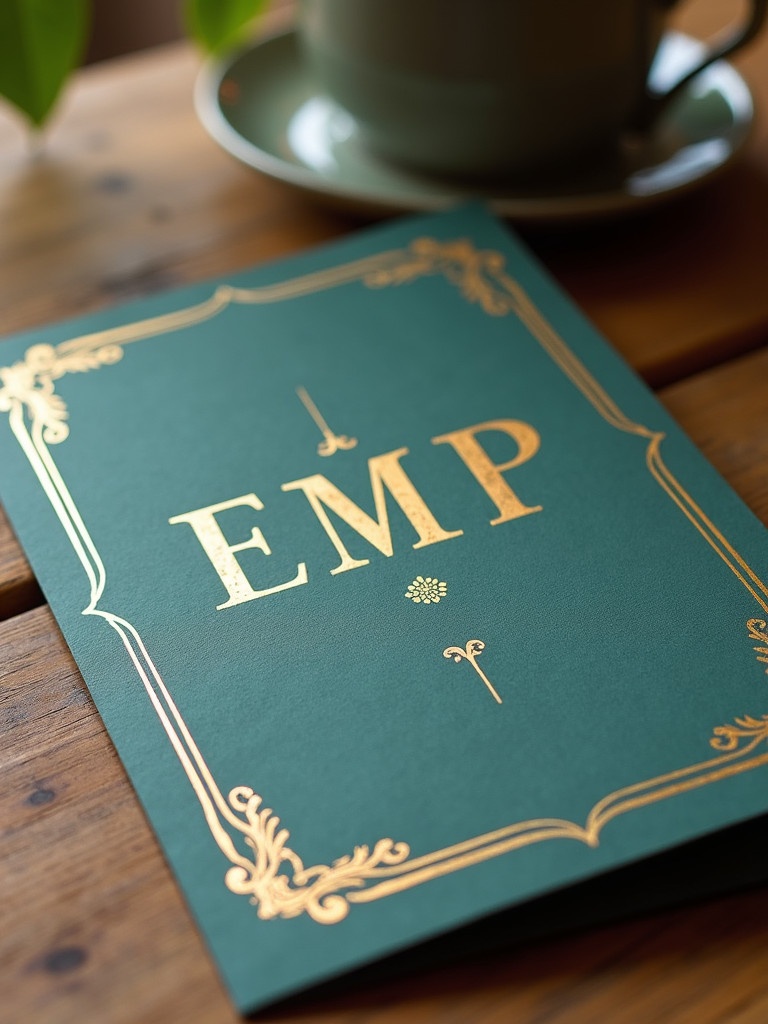 Vintage-style invitation card features letters EMP in gold. The backdrop is teal. The card rests on a wooden table next to a cup.