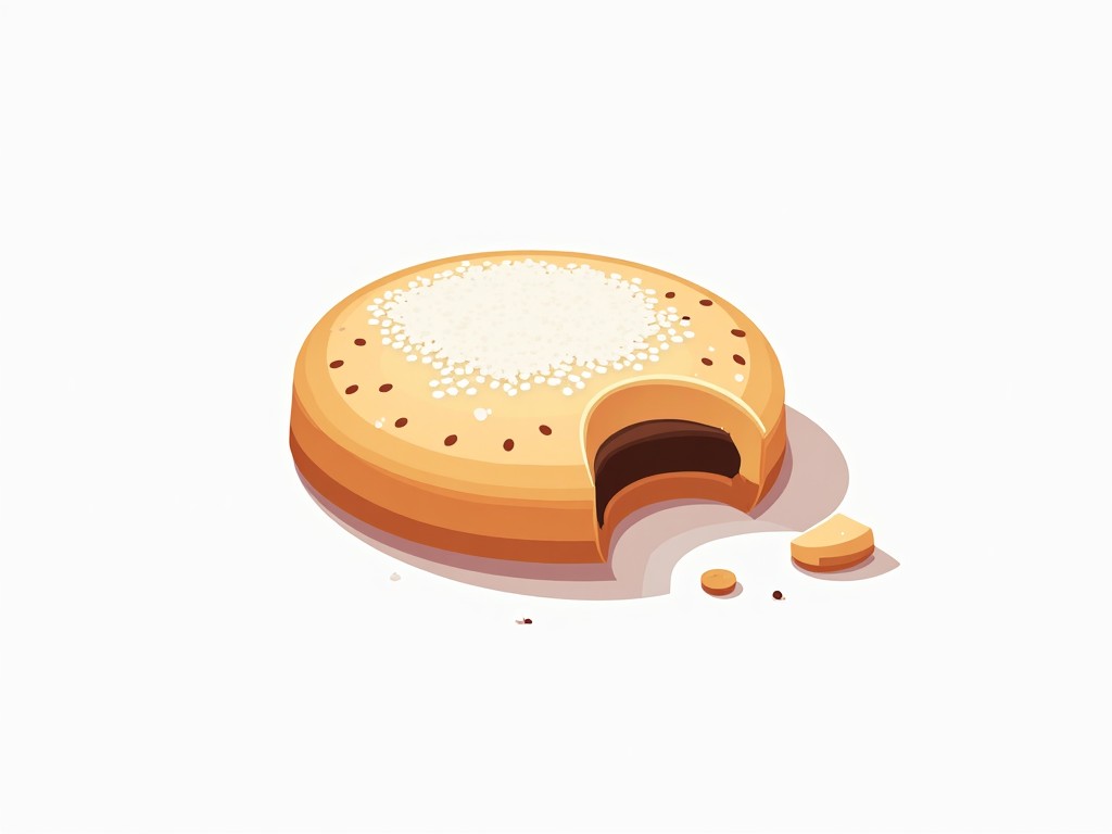 An illustration of a round cookie with a bite taken out, showing crumbs around it on a plain background.