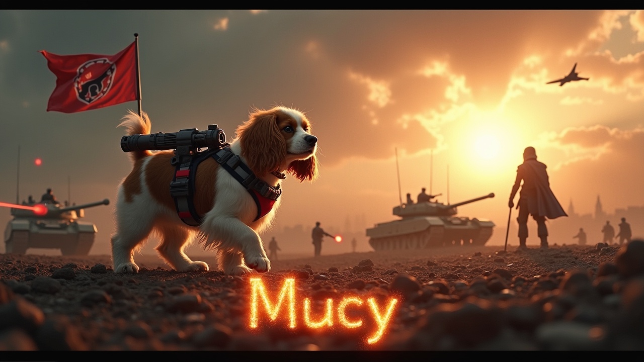 In a dramatic and awe-inspiring scene, a fluffy brown and white cavalier king charles spaniel walks across a dark, desolate battlefield. There is a laser cannon strapped to its back, firing a bright red beam. Nearby, a figure wearing a cloak stands valiantly holding a flag with a dog emblem. In the background are a multitude of small soldiers holding rifles as well as tanks, barely visible among the shadows. The sky is lit by the bright radiance of the sun. A jet fighter passes overhead. At the bottom, we see the text 'Mucy' boldly displayed, in fiery writing.