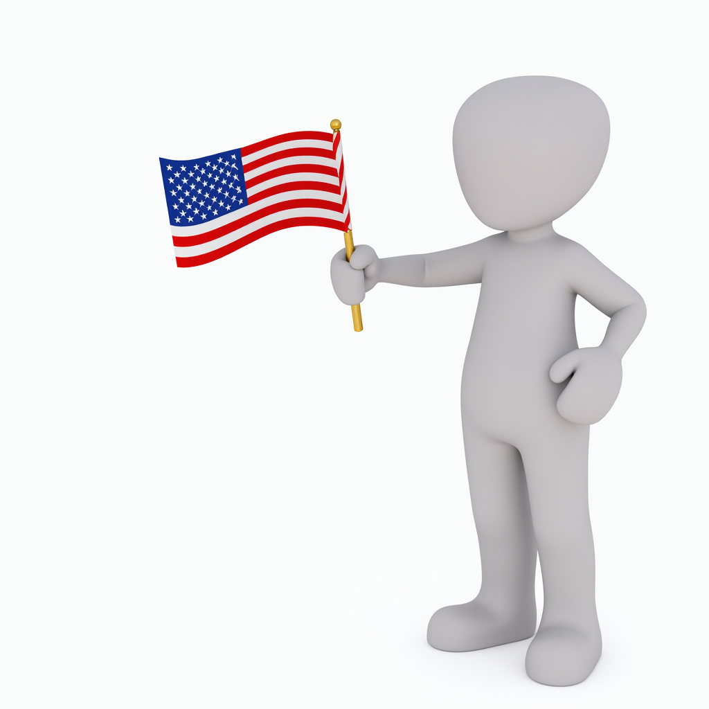 A 3D humanoid figure holding an American flag.