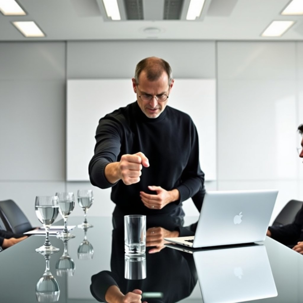 A man passionately gestures during a business meeting with a laptop and glasses of water on the table.