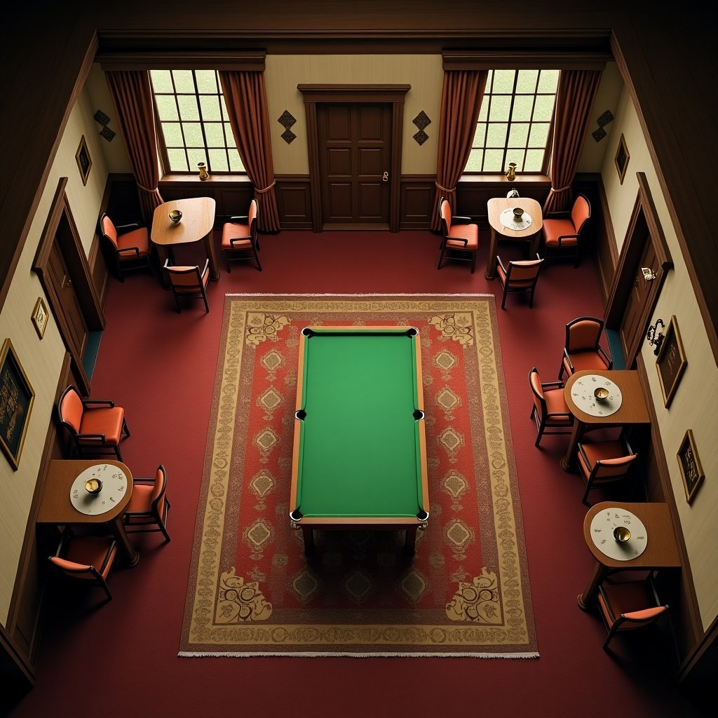 Top-down view of a cozy hotel room in the English countryside from 1940. Room features a snooker table, four tables with chairs, and one central door. No people in the image.