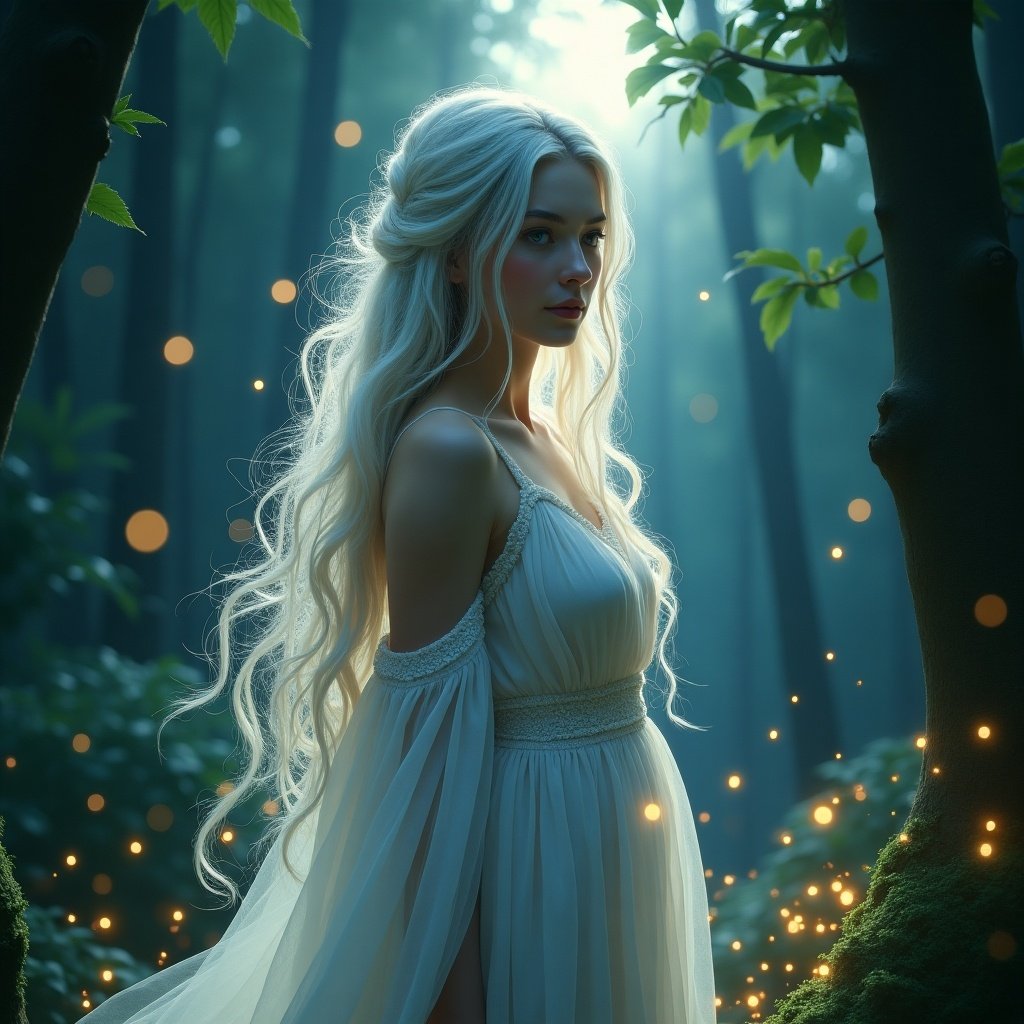 A woman in a flowing gown stands in a mystical forest. Soft light filters through trees, creating a magical atmosphere. Her hair cascades down in waves, showcasing a serene expression. The background adds depth with blurred foliage.