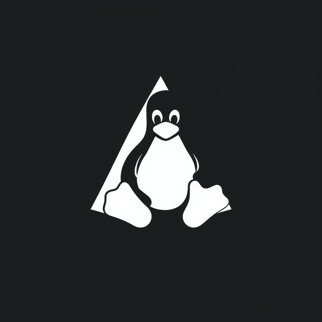 The image depicts the Linux penguin emblem, Tux, superimposed on a white triangular background against a black backdrop.