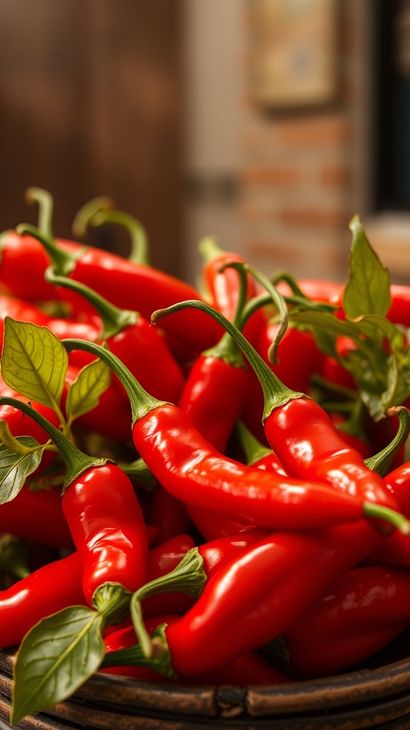 This image showcases a close-up of vibrant red chili peppers piled together, with fresh green leaves interspersed, creating a striking contrast. The background is softly blurred, directing focus entirely on the glossy, textured surfaces of the peppers, suggesting freshness and flavor.