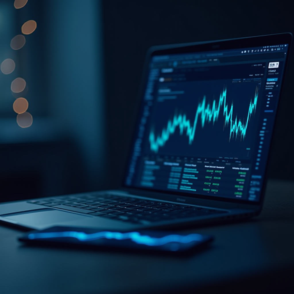 A laptop displaying a bright, fluctuating graph and financial data on a dimly lit desk.