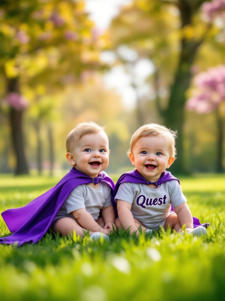 Two happy babies play on grass. Both wear purple capes. One shirt has 'Quest'. They express joy and innocence with green grass and beautiful trees around them for a carefree scene.