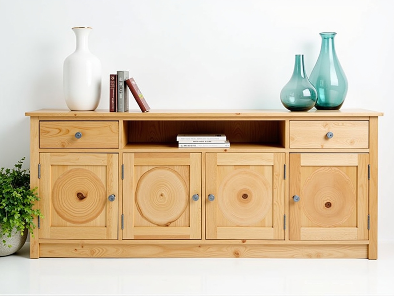 This image features a wooden sideboard or console table made from light-colored wood. The furniture has a sleek, modern design with a smooth surface. It includes two smaller drawers at the top and four larger cabinet doors below, with unique circular wood grain patterns and knots on the doors. Various decorative items, such as a tall white vase, a few books, and glass vases of different shapes and colors, are arranged on top of the sideboard. There is also a green plant peeking out at one corner, adding a touch of nature to the scene.