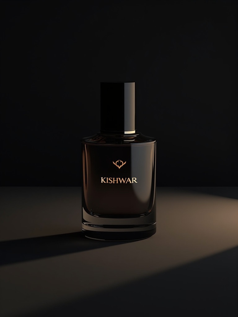 A sleek elegant perfume bottle named KISHWAR sits against a dark shade background. The bottle features a minimalist design with a black lid and gold lettering. Soft lighting enhances the contours of the bottle creating a sophisticated ambiance. The shadows emphasize the bottle's shape and luxurious appeal. This composition is ideal for advertising high-end cosmetic products or fragrances.