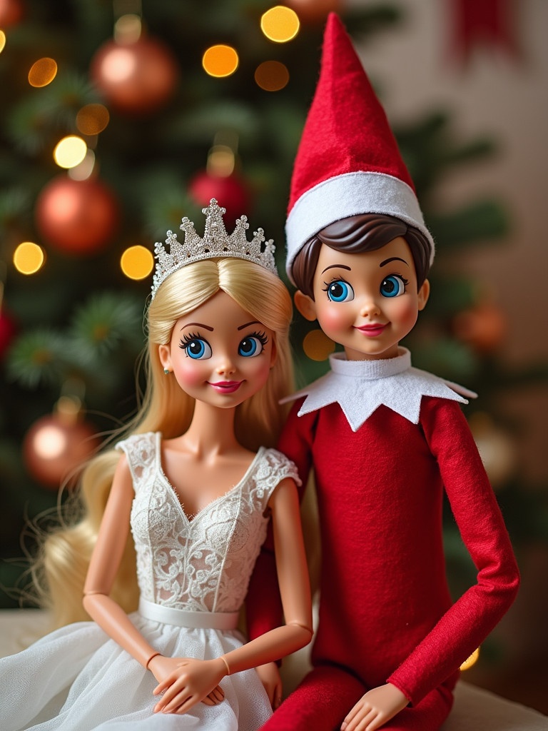 Elf on the shelf and Barbie doll pose together in festive setting. Background is a Christmas tree with lights and ornaments. Elf wears a red outfit; Barbie wears a white dress. A playful and joyful theme is emphasized.