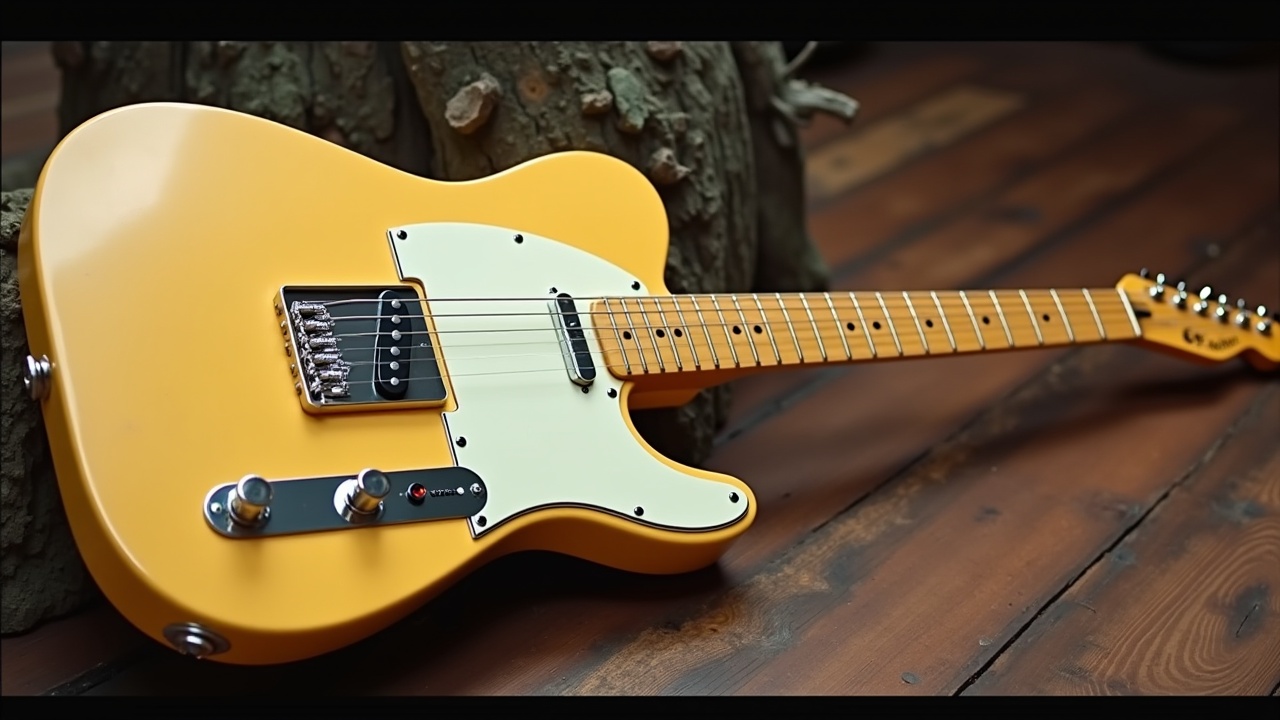 A yellow telecaster-style electric guitar with a white pickguard rests on a wooden surface, highlighting its classic design.