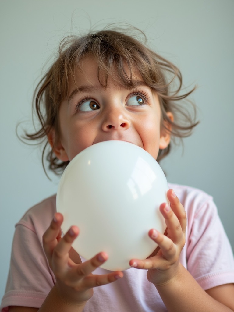 A person holding a white balloon while displaying a playful demeanor. The scene conveys joy and curiosity as the child interacts with the balloon. Soft colors create a light-hearted vibe. Natural light adds warmth to the image.