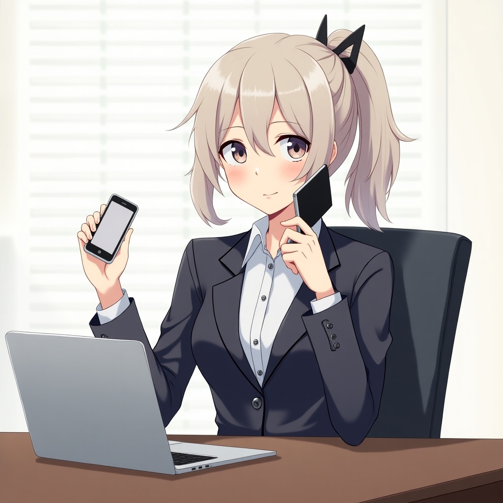 An anime-style character is depicted sitting at a desk, exemplifying modern professionalism. She has her hair styled with a playful touch, wearing a smart business suit. One hand holds a smartphone while the other has another device, showcasing her multitasking skills. A laptop is open in front of her, emphasizing a work-from-home environment. The background features subtle office elements and is well-lit, creating a sophisticated atmosphere.