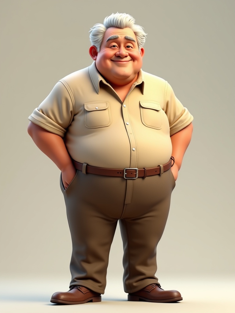 3D stylized elderly man with chubby build. Warm skin tone and expressive dark brown eyes. Short gray hair combed back. Beige button-up shirt with rolled sleeves. Brown slacks and worn leather shoes. Full-body T-pose for rigging and modern urban style. Soft cel-shading applied with detailed textures.