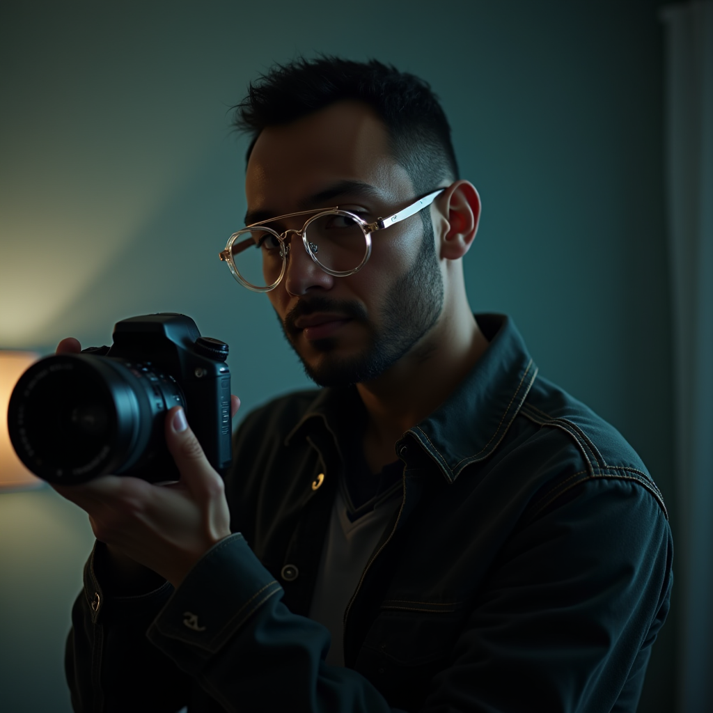 A person with glasses holds a camera in a dimly lit room.