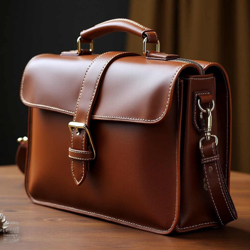 Brown leather briefcase displayed on a wooden table. Features a structured design with gold hardware and fine stitching. The lighting is soft and warm, emphasizing the leather texture.