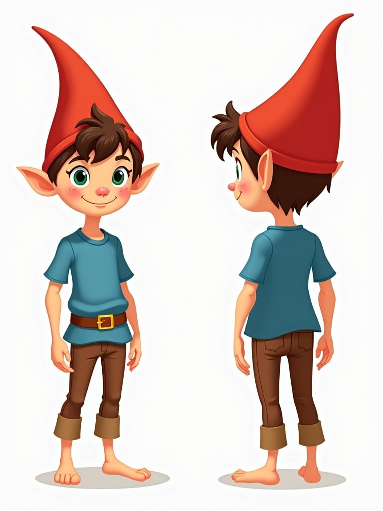 Character turnaround of a young elf boy. He stands proudly in three positions: front, side, and back. He wears a blue shirt and brown pants. He has a red pointed cap, pointed ears, green eyes, and brown hair. The design is cute and suitable for children.