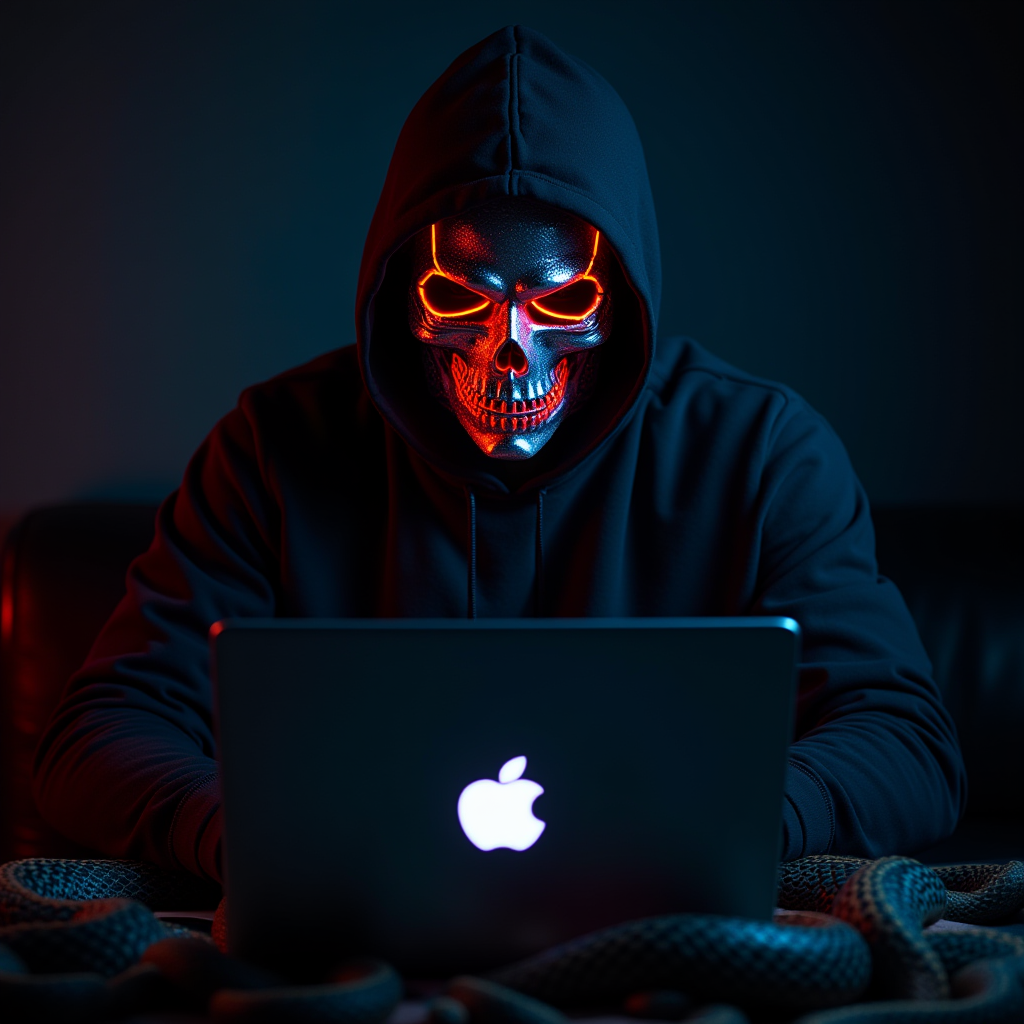 A mysterious figure in a glowing skull mask types on a laptop in a dark room.